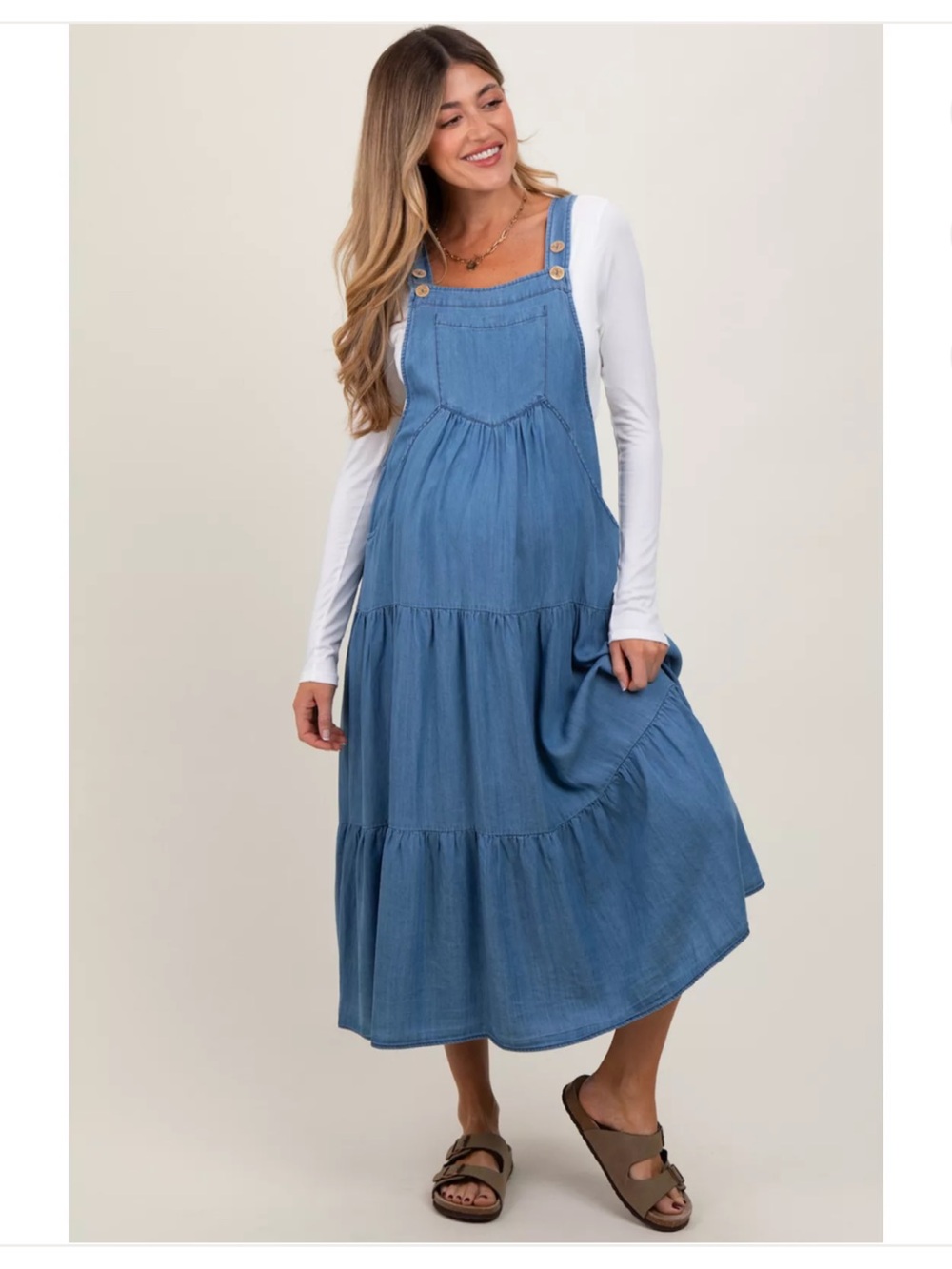 Blue Chambray Overall Tiered Midi Dress